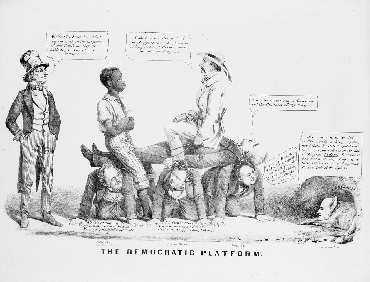 "The Democratic Platform" political cartoon commenting on the Democratic party "s standing on slavery, c.1856dani af American School