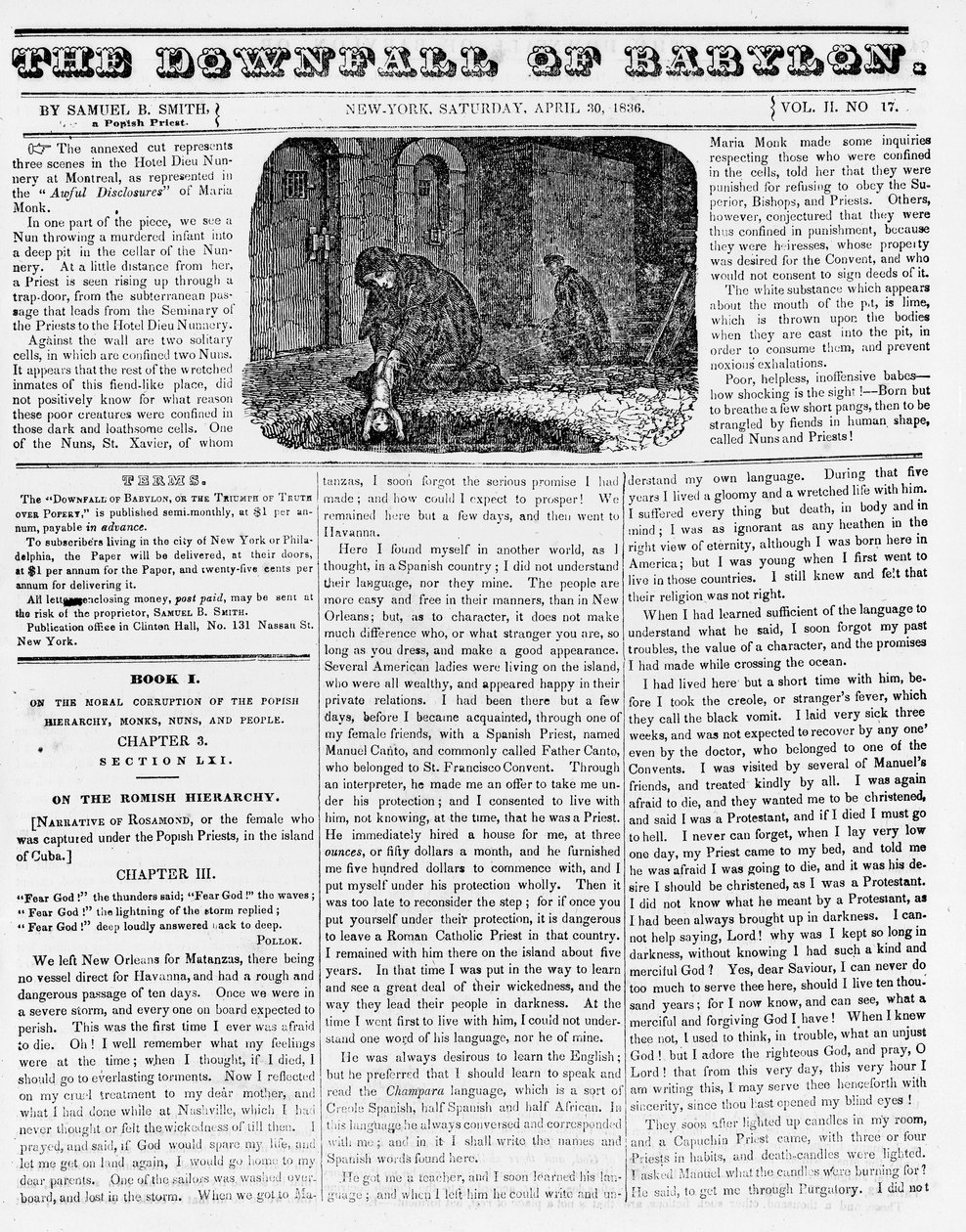The Downfall of Babylon, illustration fra en anti-katolsk pjece, der viser en nonne, der kaster et myrdet spædbarn i en pit, 1836 (avispapir) af American School