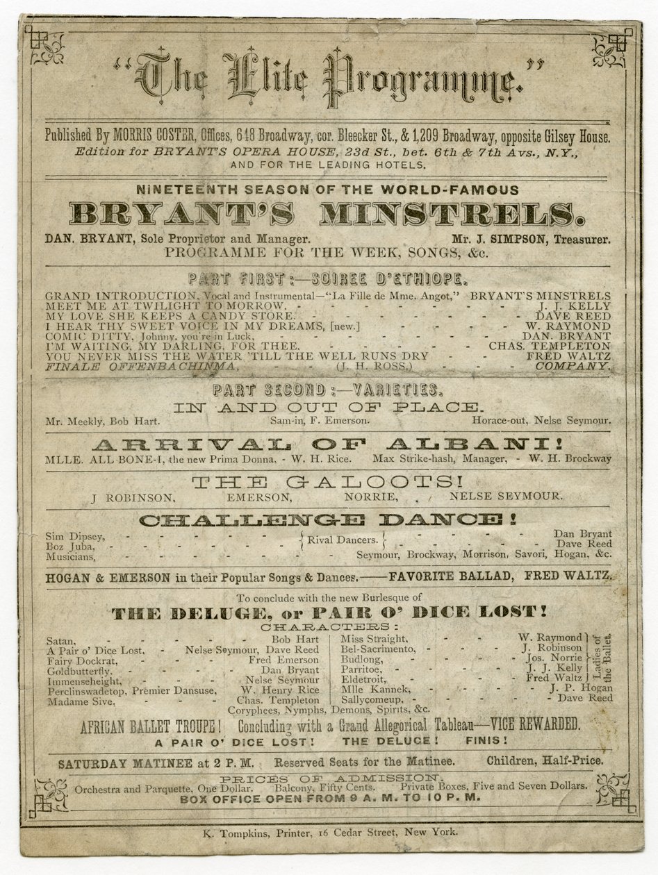 Eliteprogrammet for Bryants Opera House, udgivet af Morris Coster af American School