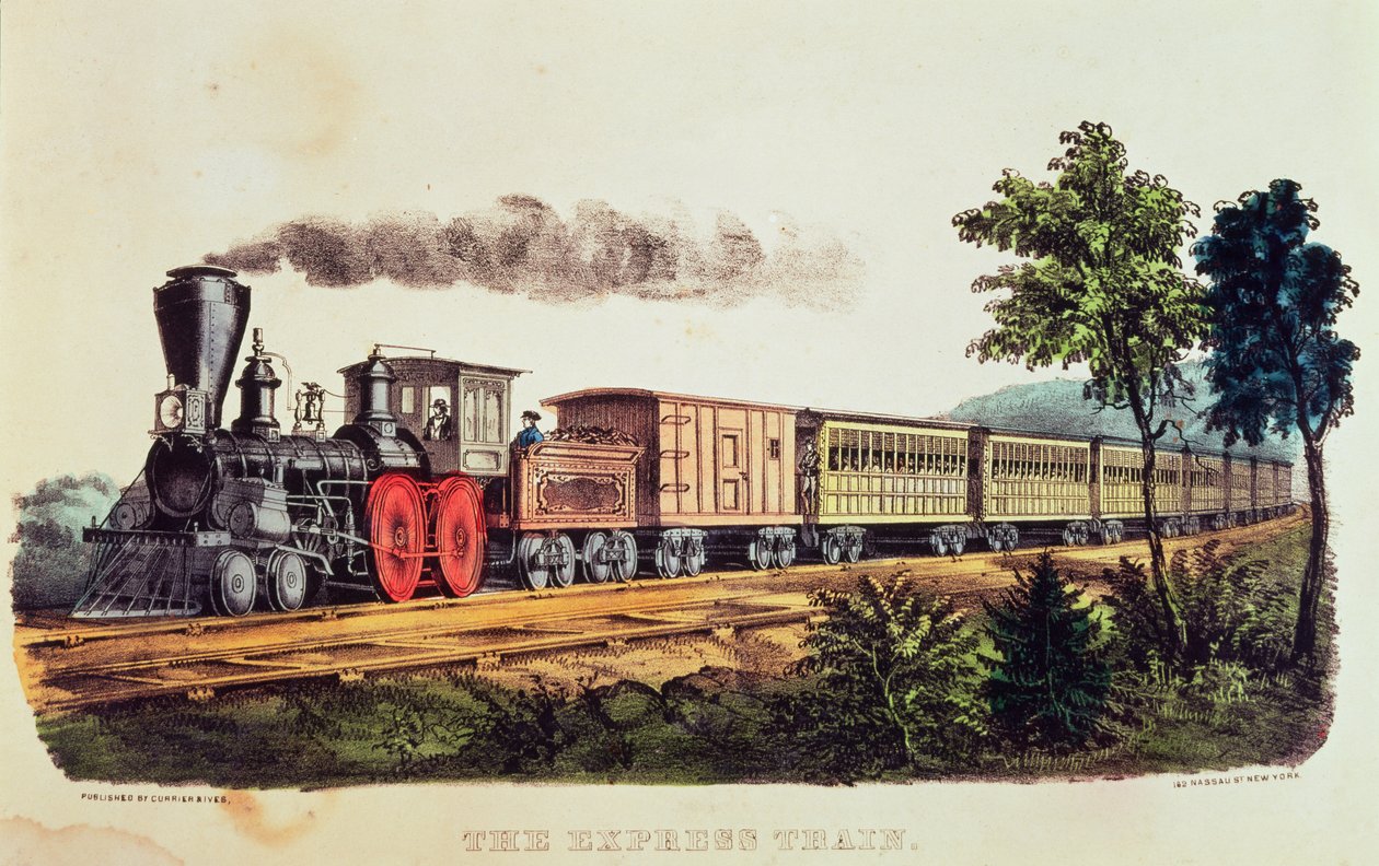 Eksprestoget, graveret af Nathaniel Currier (1813-88) og James Merritt Ives (1824-95) (farve litho) af American School