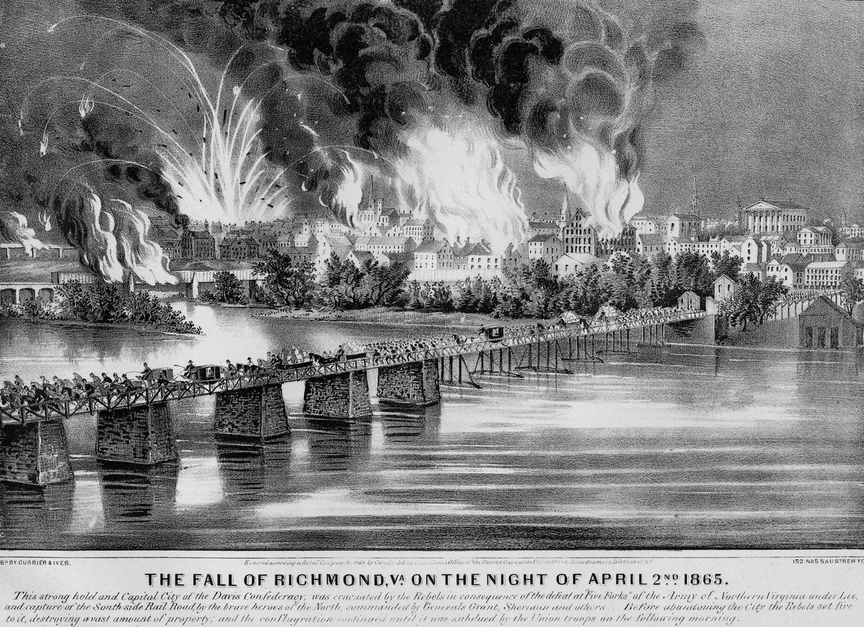 The Fall of Richmond, Va. natten til den 2. april 1865, pub. af Currier & Ives, 1865 af American School