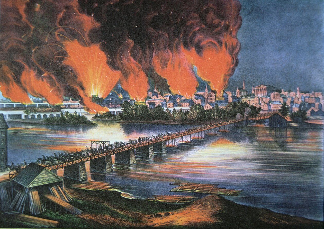 Fall of Richmond, Virginia, natten til den 2. april 1865 (farve litho) af American School