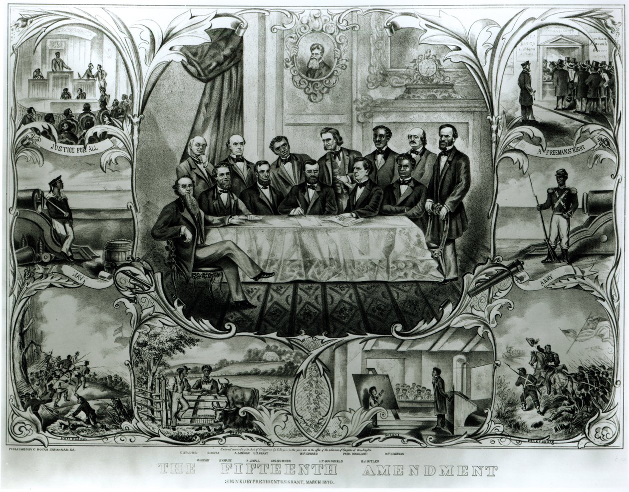 Den femtende ændring, underskrevet af præsident Ulysses S. Grant (1822-85) marts 1870 (litho) (s/h foto) af American School