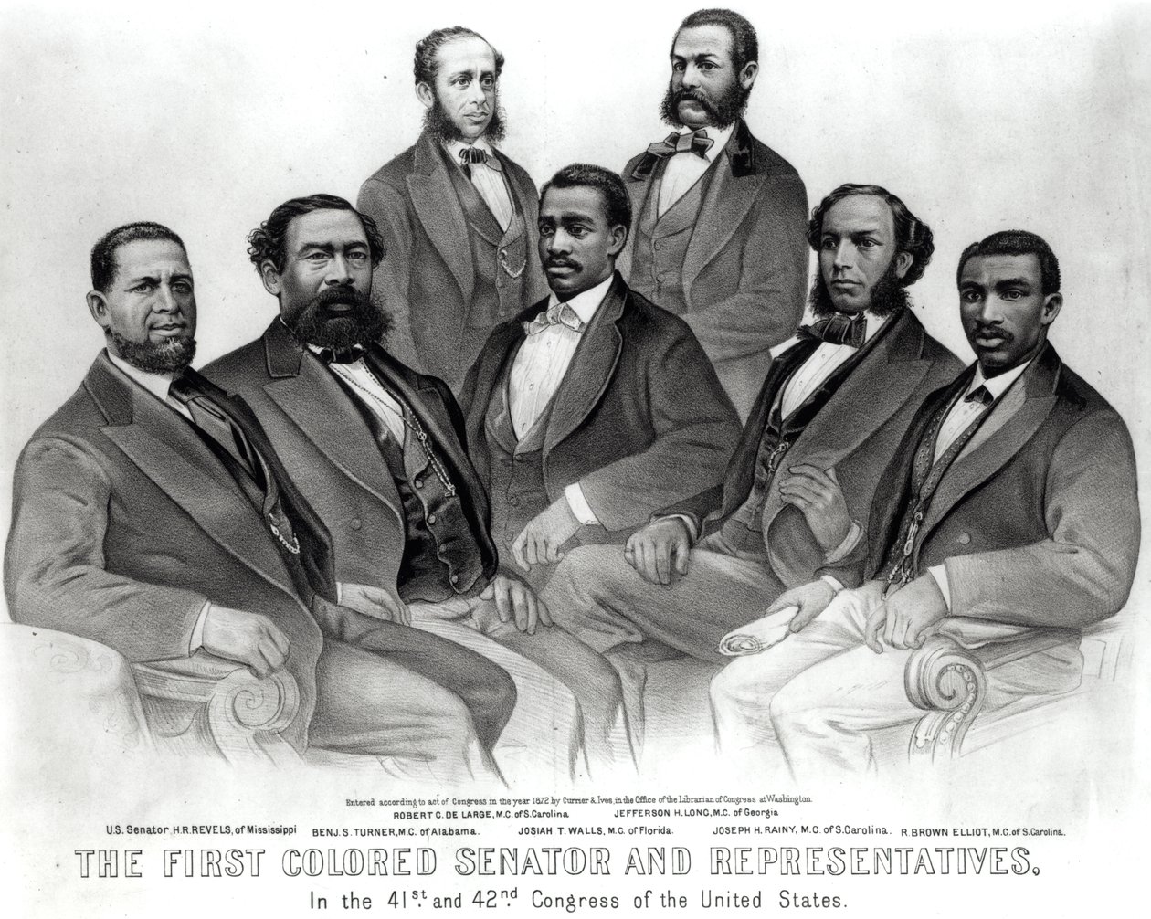 Den første farvede senator og repræsentanter, i den 41. og 42. kongres i USA, pub. af Currier og Ives, 1872 (litho) (bundt foto) af American School