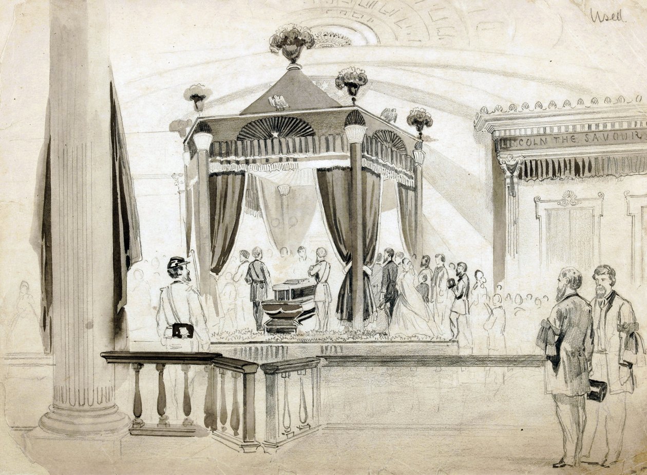 The Funeral Catafalque at Springfield, Illinois, illustration for Frank Leslies Illustrated Newspaper, 1865 (blyant, blæk og vask på papir) af American School