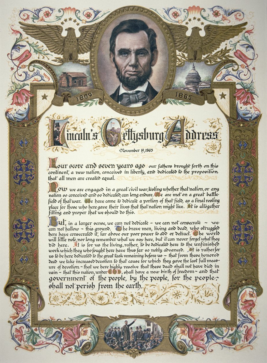 Gettysburg-talen, leveret af Abraham Lincoln (1809-65) af American School