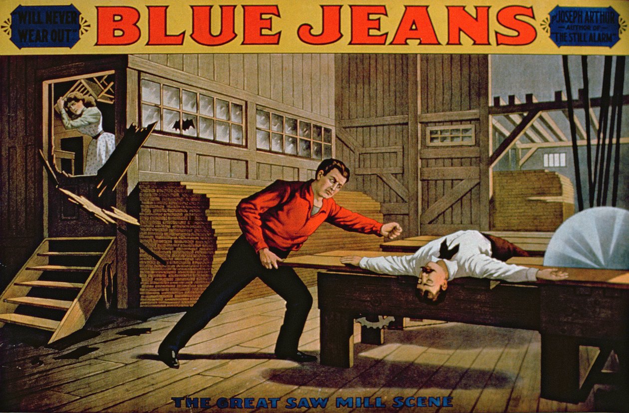 Den store savværksscene, plakat til blå jeans af American School