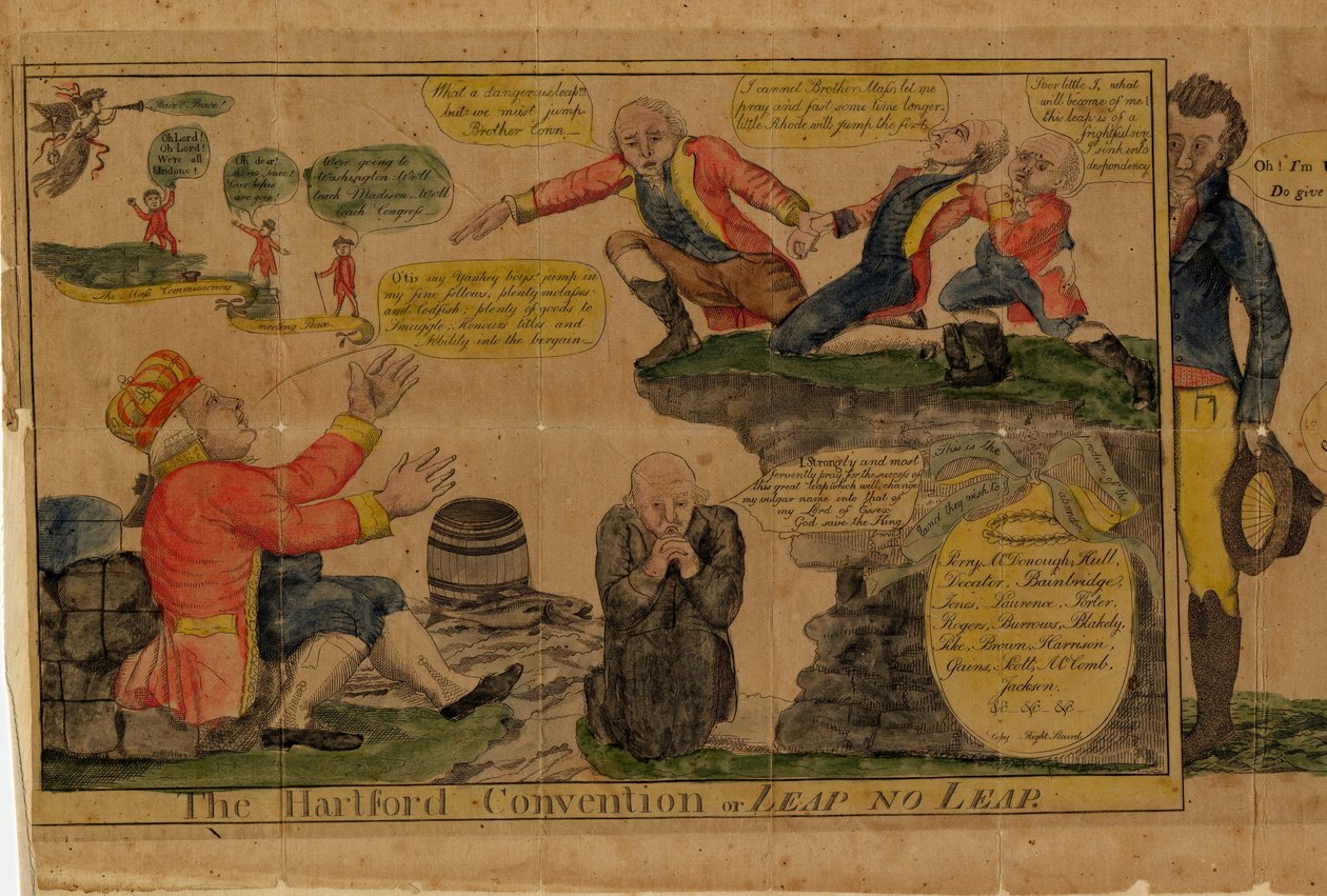 Hartford Convention, eller Leap no Leap, 1815 (håndfarvet gravering) af American School