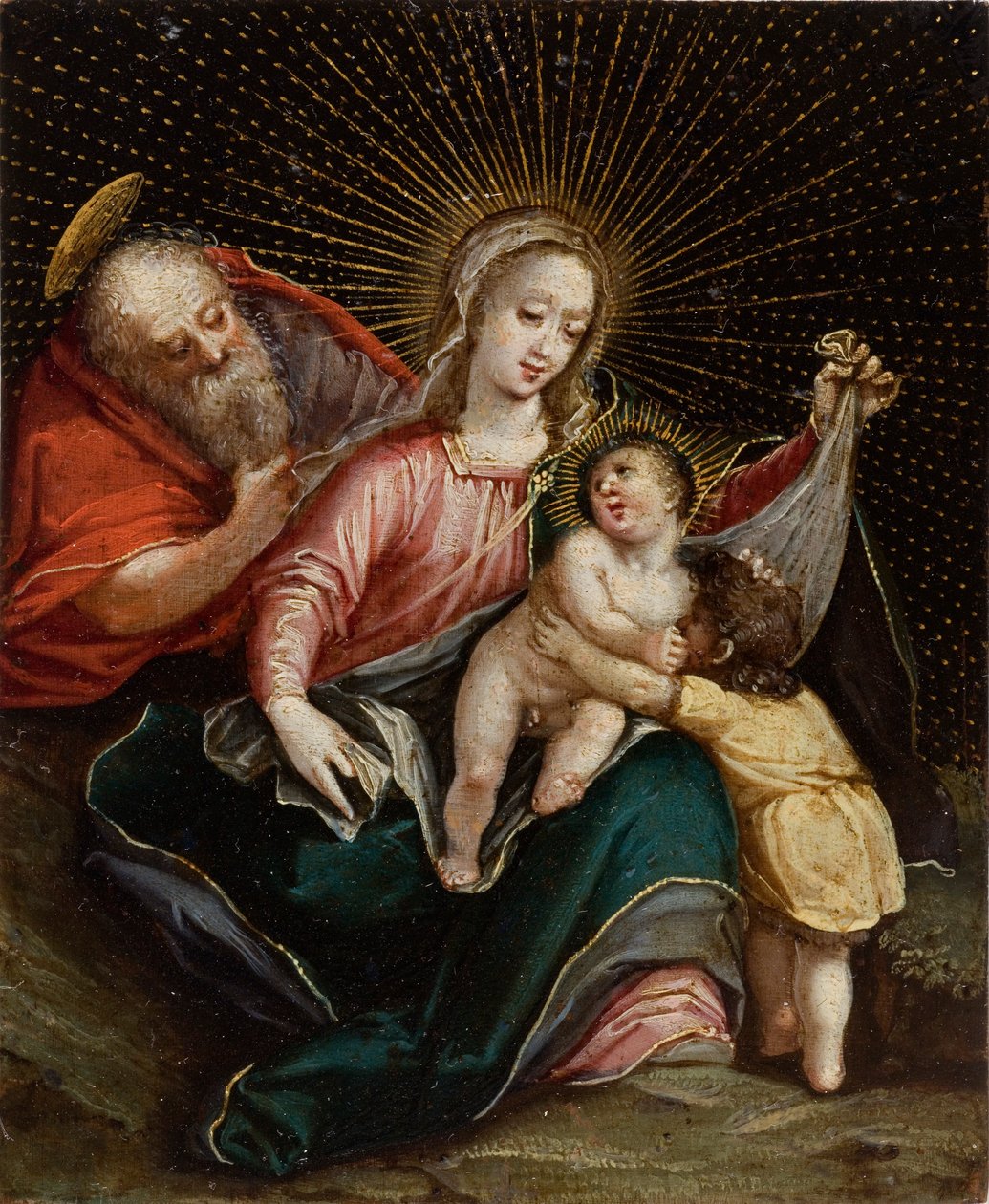 Den hellige familie med Johannes Døberen, 1700-tallet (olie med guld på kobber) af American School