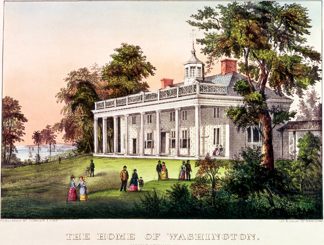 The Home of George Washington, Mount Vernon, Virginia, udgivet af Nathaniel Currier (1813-88) og James Merritt Ives (1824-95) af American School