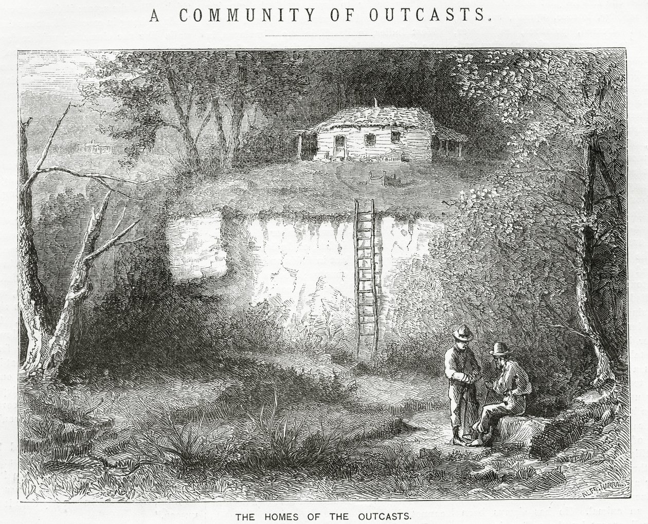 The Homes of the Outcasts, illustration til en spillefilm, A Community of Outcasts, fra Appletons Journal, 23. marts 1872 af American School
