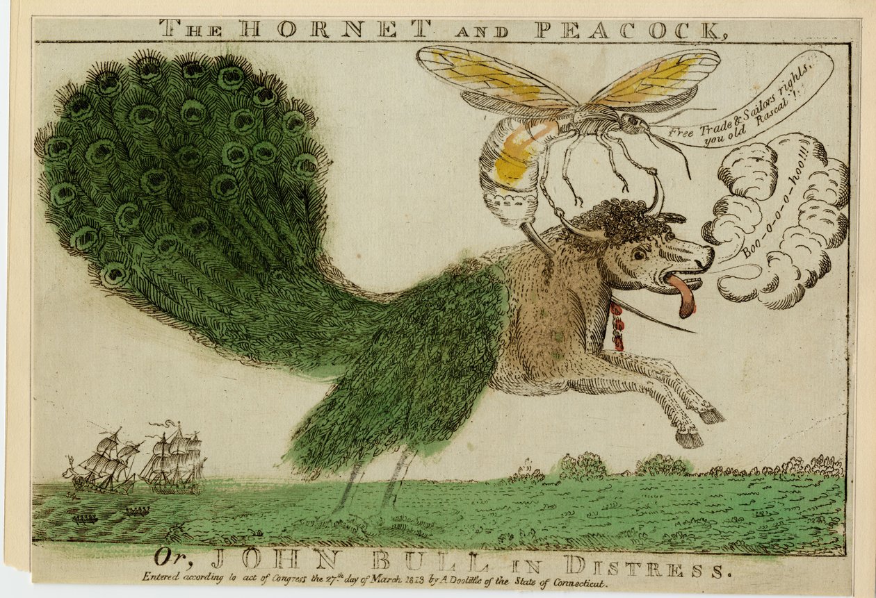 Hornet and Peacock, eller John Bull i nød, 1813 (radering med gravering) af American School