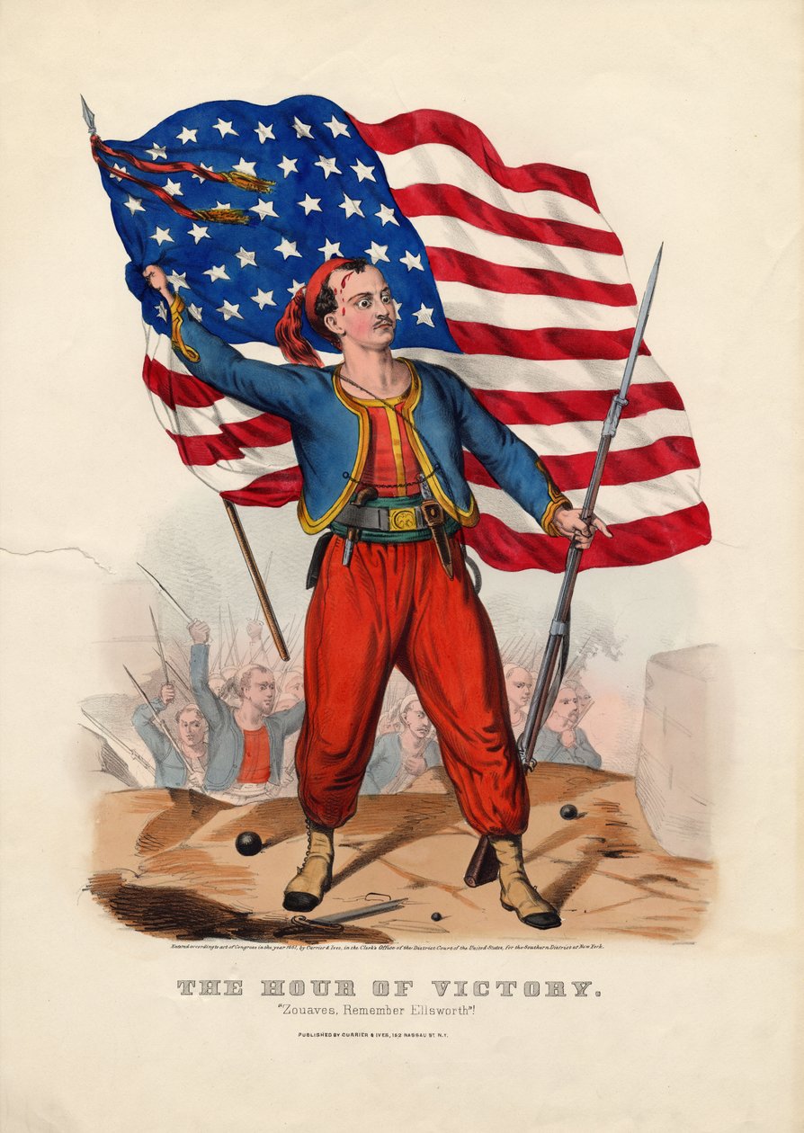 The Hour of Victory: Zouaves, husk Ellsworth!, pub. af Currier & Ives, 1861 af American School