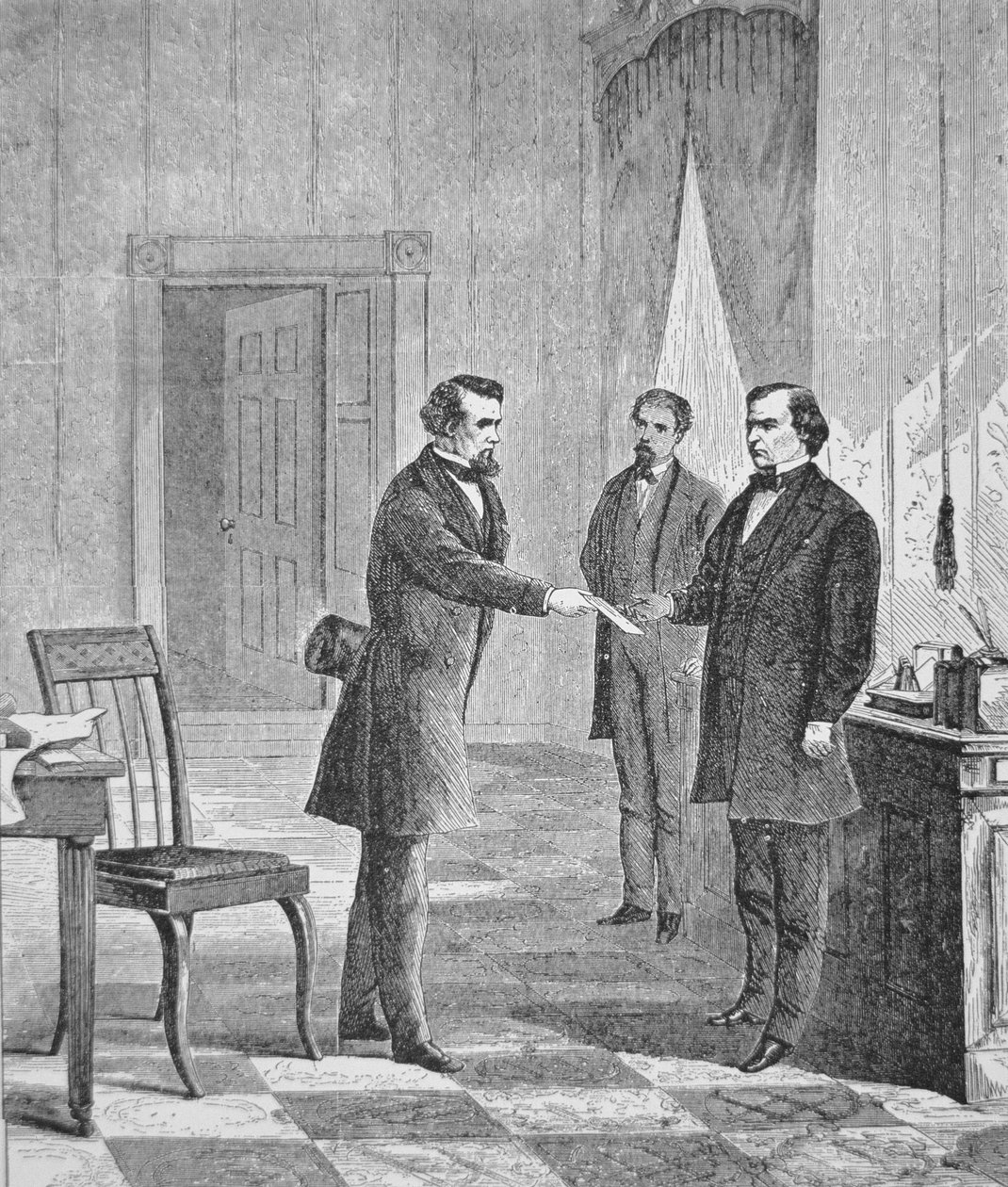 Rigsretssagen af præsident Andrew Johnson (1808-75) 1868 (gravering) af American School