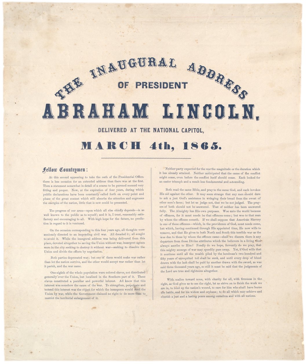 Præsident Abraham Lincolns åbningstale holdt på National Capitol, 4. marts 1865 af American School