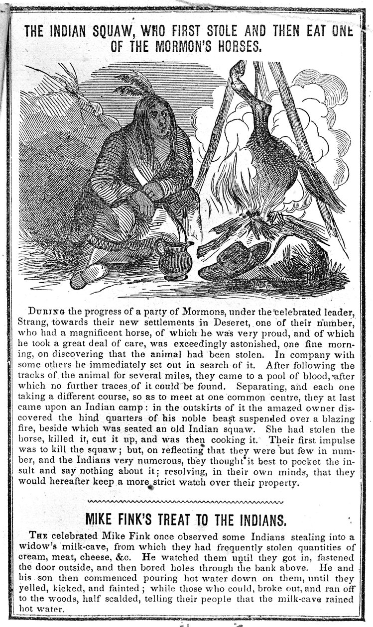 The Indian Squaw, der først stjal og derefter spiste en af mormonernes heste, fra Crocketts Almanac, 1852 af American School