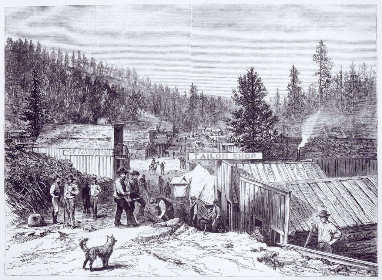Indianerkrigen, Deadwood City, Black Hills i Dakota, fra et fotografi af S. J. Morrow af American School