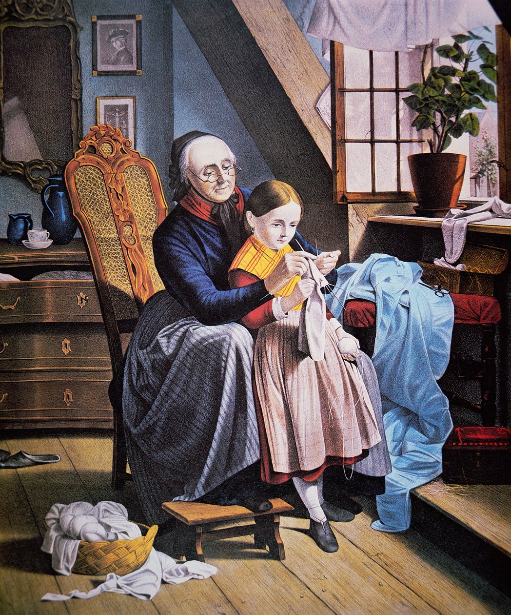 The Knitting Lesson, udgivet af Currier & Ives af American School