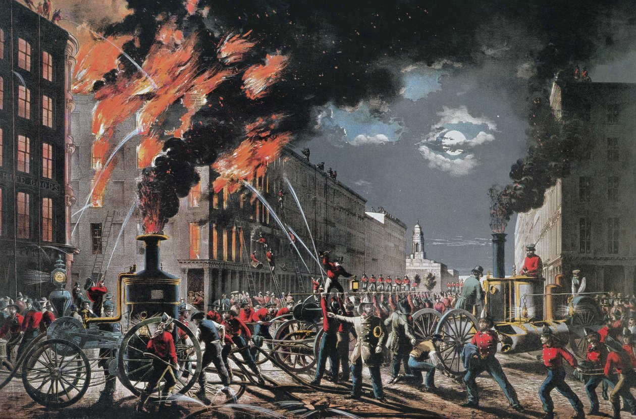 The Life of a Fireman (New York Volunteer Fire Department), udgivet af Currier & Ives af American School