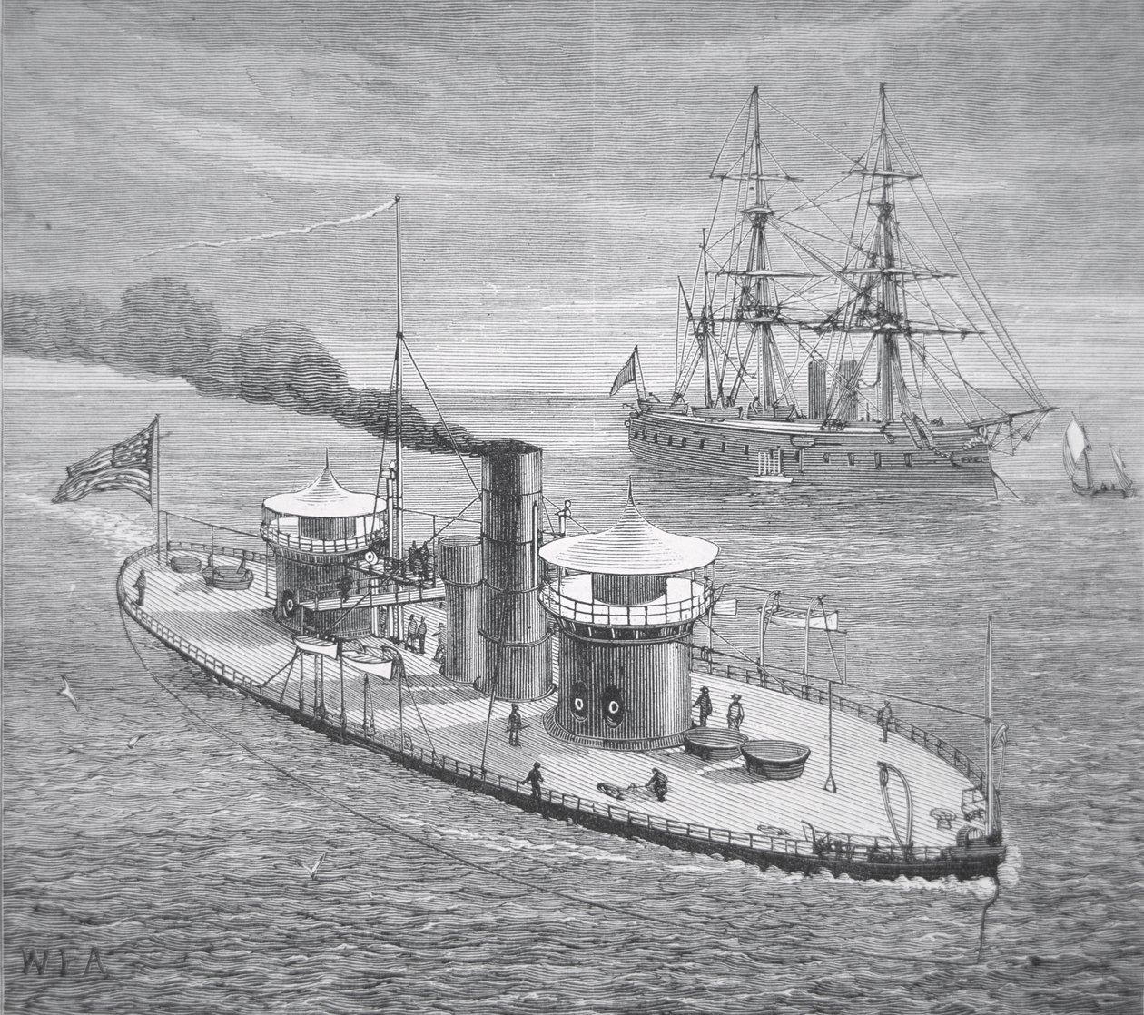 Miantonoma, tvillingtårn pansret monitor lanceret 1863 (litho) af American School