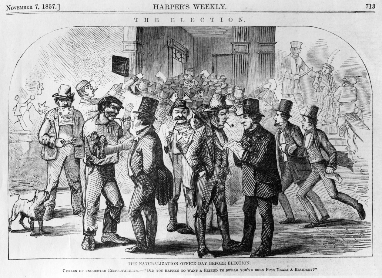 Naturalization Office Day Before Election, offentliggjort i Harpers Weekly, 7. november 1857 af American School