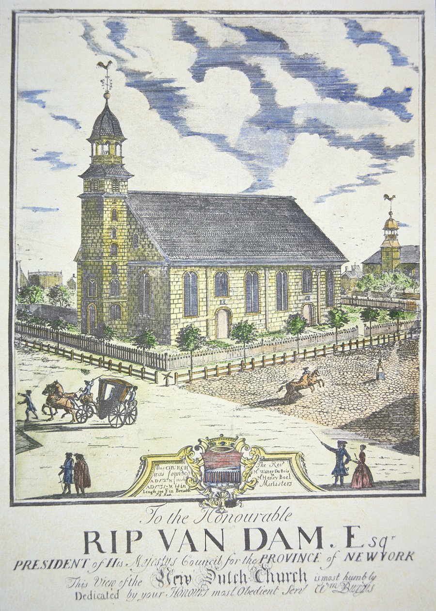 The New Dutch Reformed Church, bygget på hjørnet af Nassau og Liberty gaderne, New York City, i 1731 (farvet indgravering) af American School