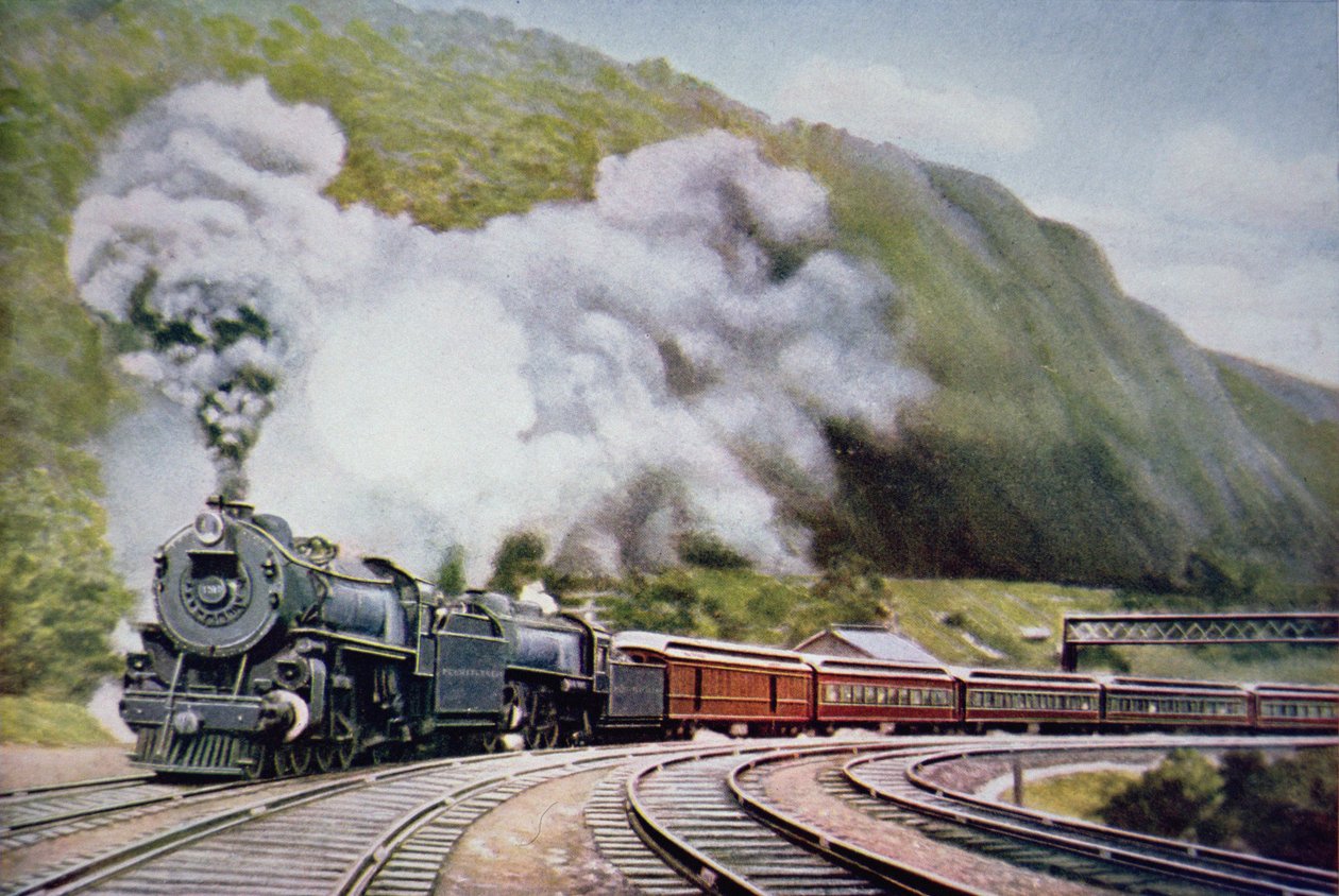 New York til Chicago Express ved Horse-Shoe Curve, Alleghany, ca. 1930 (farve litho) af American School