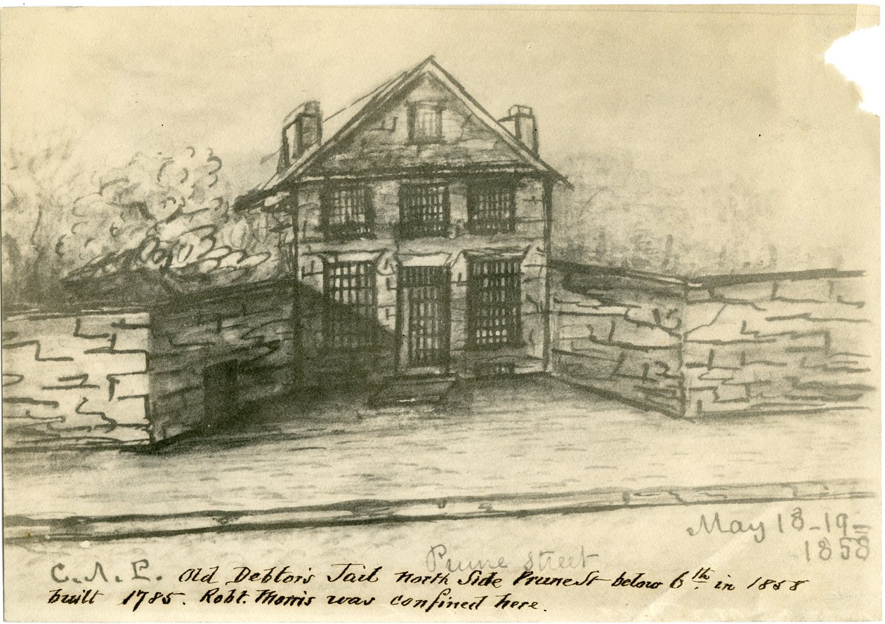 The Old Debtors Jail, Side of Prune St. under 6th, illustration fra Castner Scrapbook, 1858 (photo-litho) af American School
