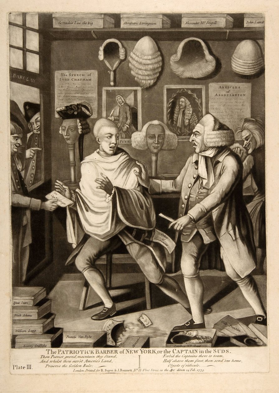 The Patriotic Barber of New York, eller Kaptajnen i skummet, pub. 1775 af American School