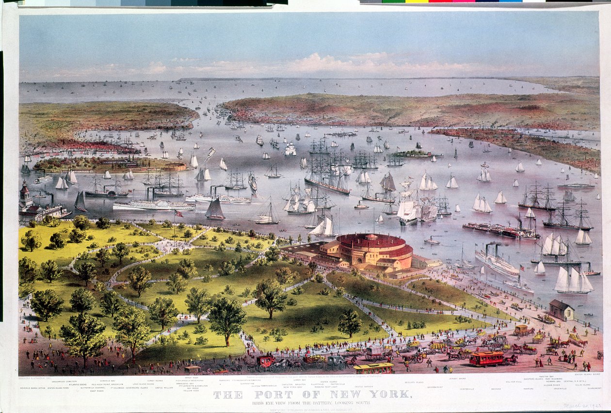 Havnen i New York, fugleperspektiv fra batteriet mod syd, indgraveret af Parsons & Atwater, udgivet af Currier & Ives, 1872 af American School
