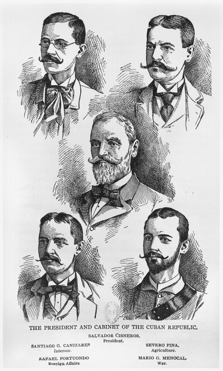 Præsident Salvador Cisneros Betancourt (1828-1914) og den cubanske republiks kabinet, ca. 1895, illustration fra The Story of Cuba af Murat Halstead, Werner Company, udgivet 1898 (graveret af American School