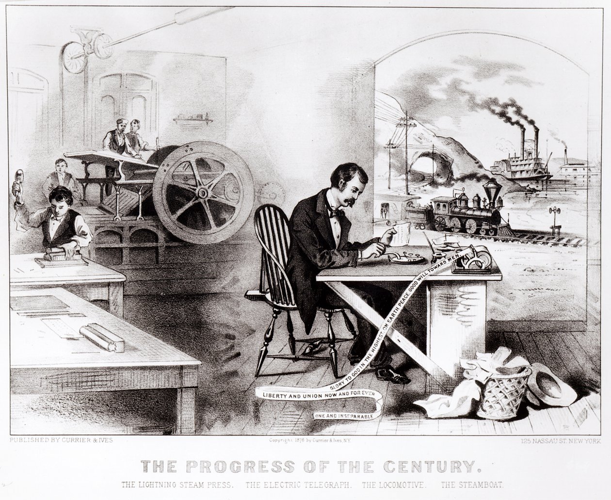 Århundredets fremskridt: The Lightning Steam Press, den elektriske telegraf, lokomotivet og dampbåden, pub. af Currier & Ives, 1876 af American School