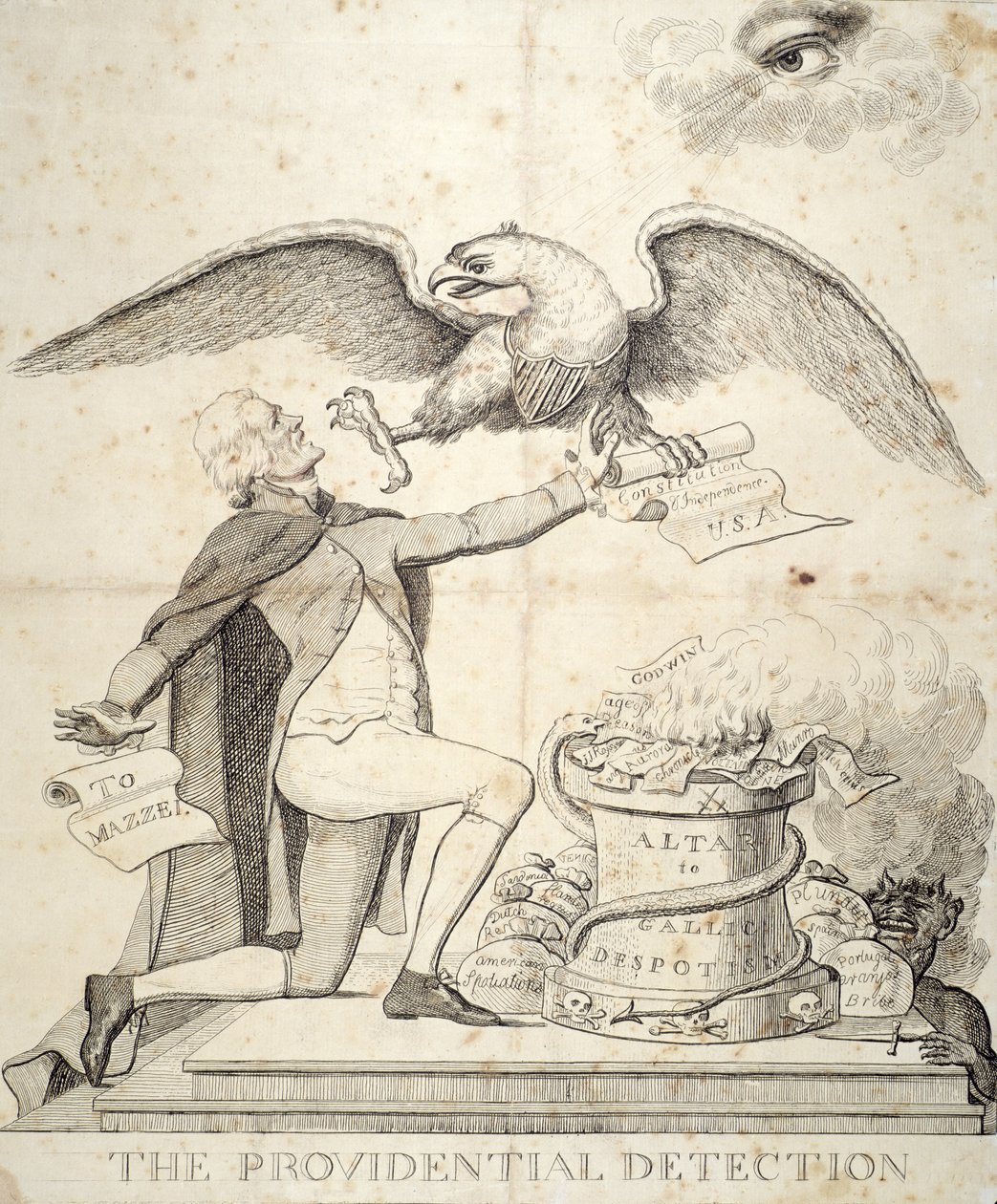 The Providential Detection, tegneserie, der skildrer Thomas Jefferson (1743-1826), der forsøger at ødelægge forfatningen af American School