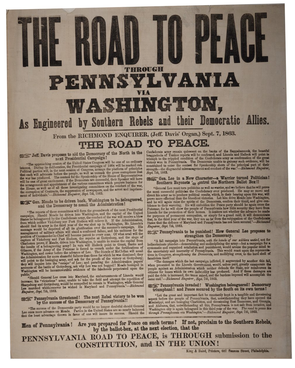 Vejen til fred gennem Pennsylvania via Washington, som udviklet af sydlige oprørere og deres demokratiske allierede, King & Baird (1839-1876), 7. september 1863 af American School