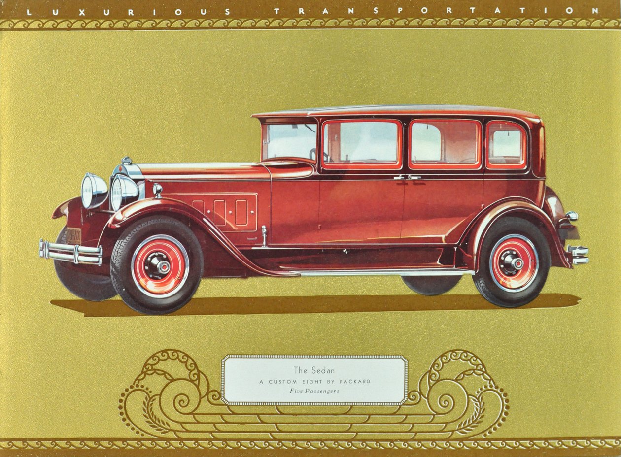 The Sedan, A Custom Eight af Packard, pub.1930 (farvelitografi) af American School