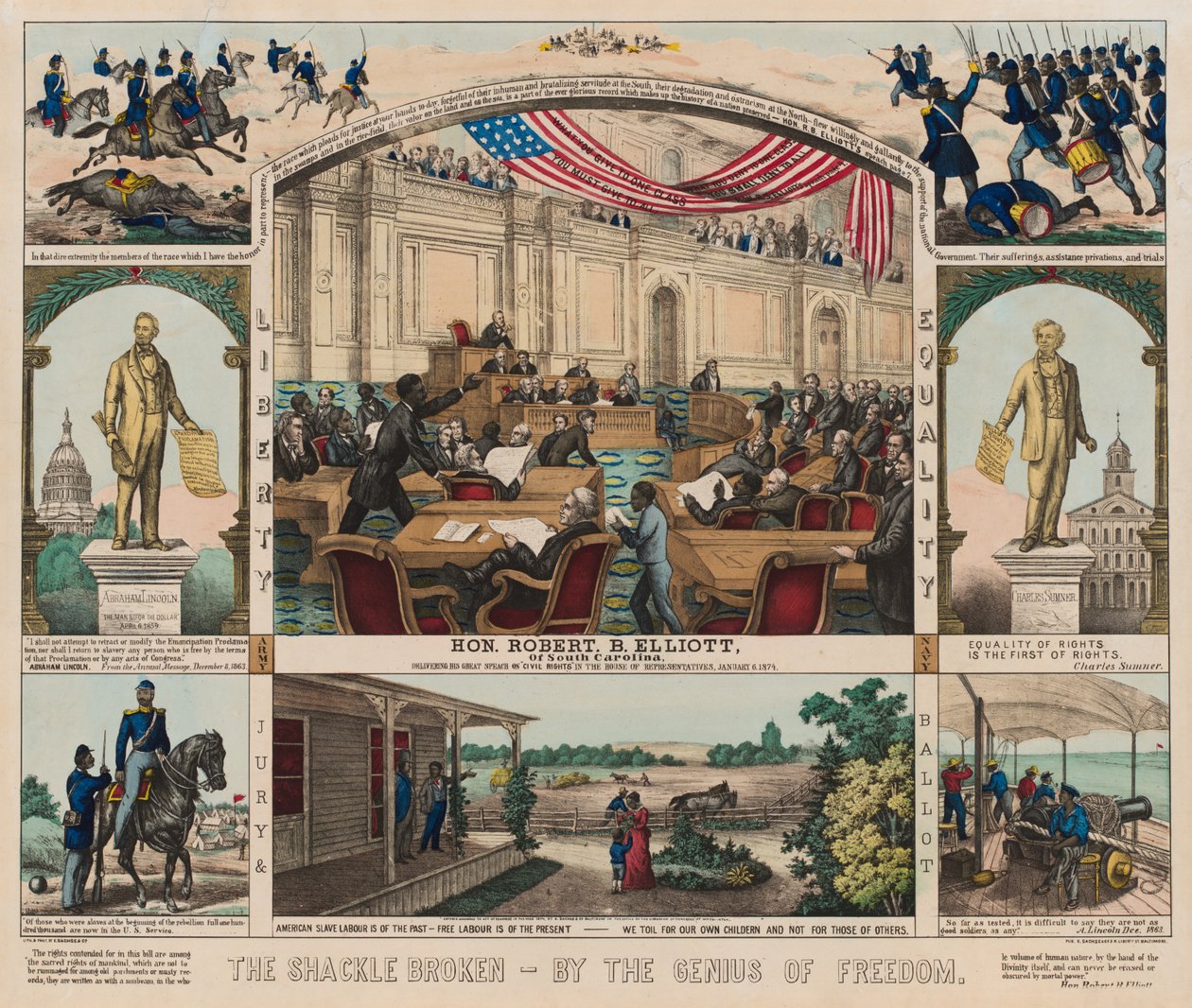 The Shackle Broken - By the Genius of Freedom, ca. 1860-1879 (farve litho) af American School