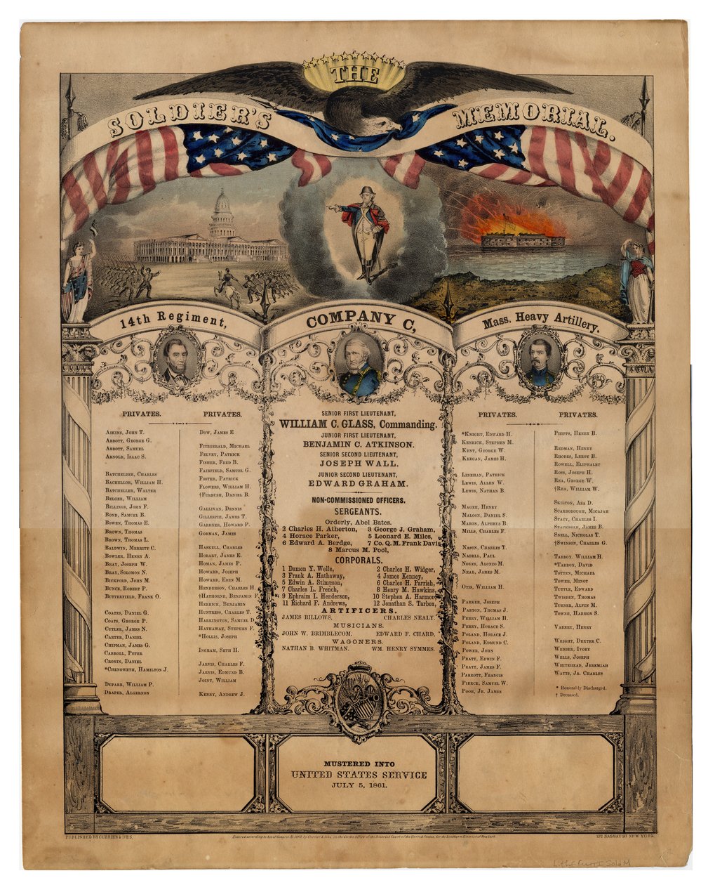 Soldatermindesmærket: 14. Regiment, Kompagni C, Mass. Heavy Artillery, pub. af Currier & Ives, 1862 af American School