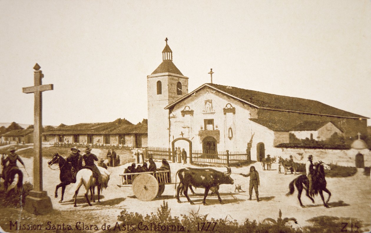 Den spanske mission, Santa Clara de Asis, Californien i 1777 (litho) af American School