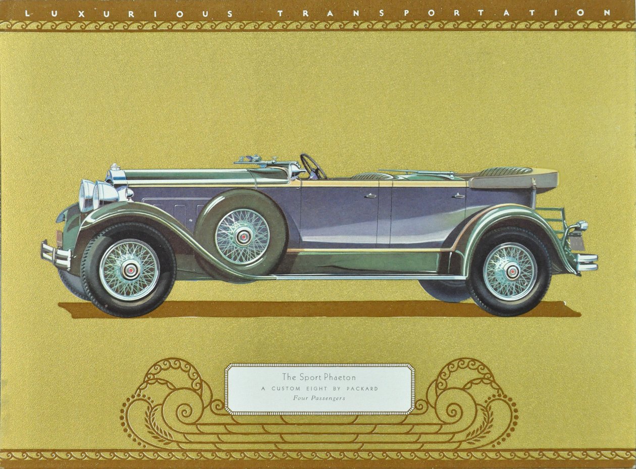 The Sport Phaeton, A Custom Eight by Packard, pub.1930 (farvelitografi) af American School