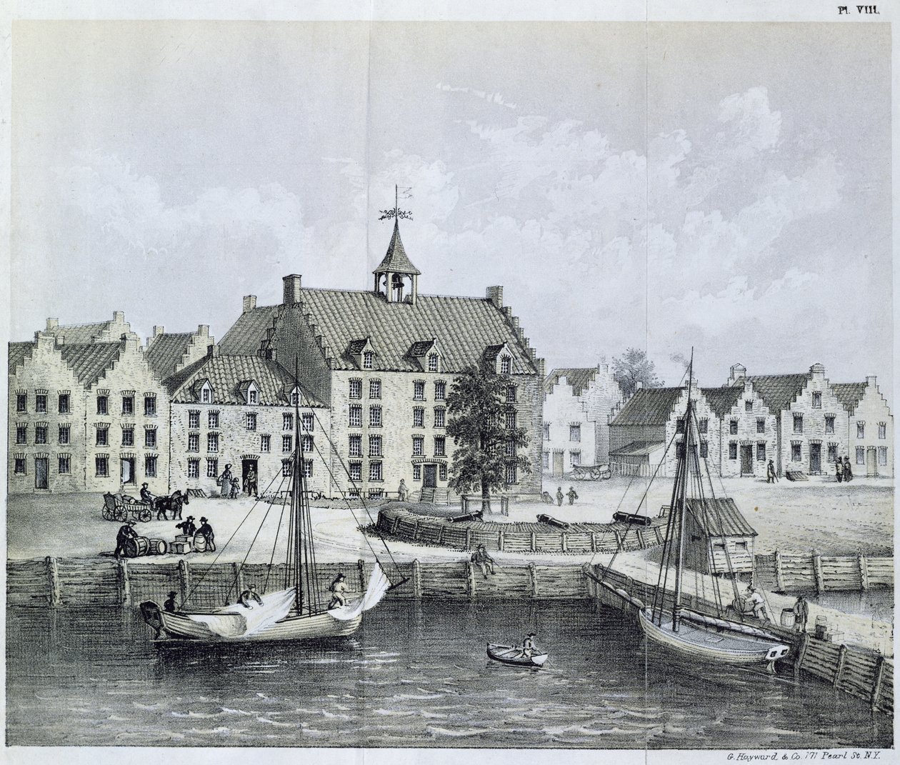 The Stadthuys of New York i 1679, Corner of Pearl Street og Coentijs Slip, fra Journal of a Voyage to New York i 1679-80 af Jasper Danckaerts (f.1639) og Peter Sluyter (1645-1722), udgivet 1867 af American School