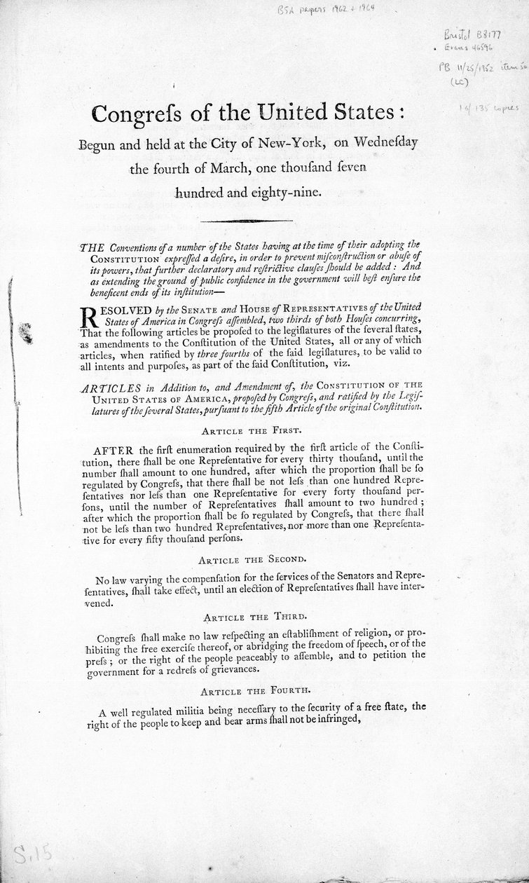 The United States Bill of Rights, afsluttet 1789 (print) af American School