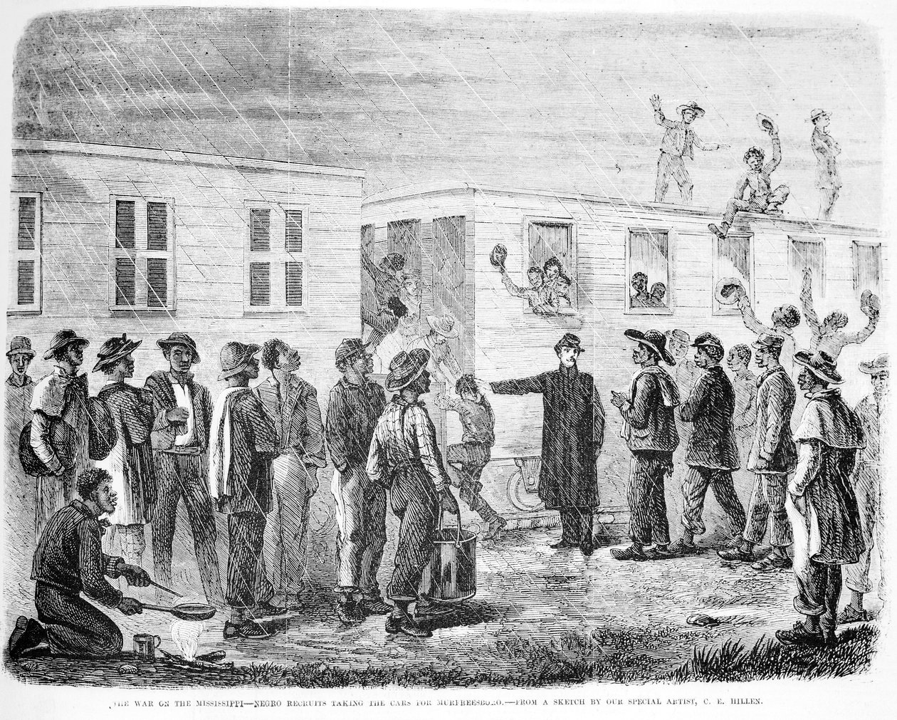 The War on Mississippi Negro rekrutter, der går ombord på bilen til Murfreesboro, fra Frank Leslies Illustrated Newspaper, maj 1864 af American School