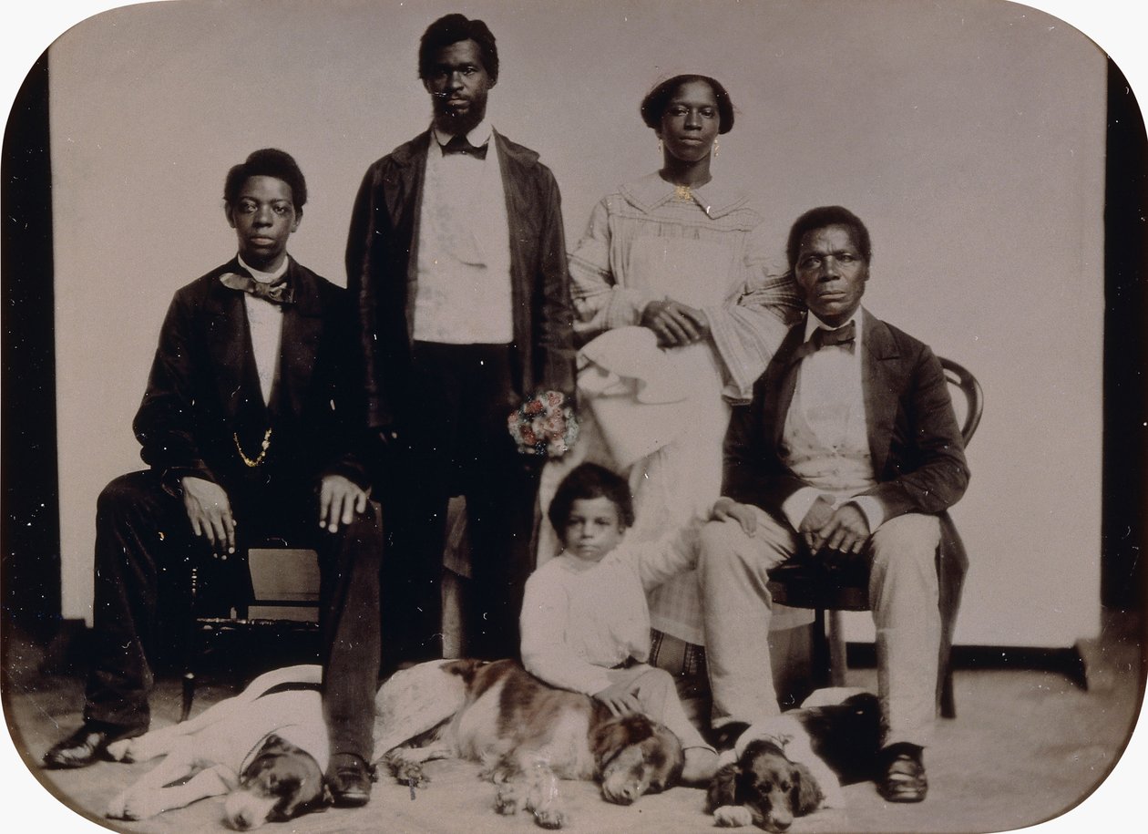 The Wedding Scene, ca. 1860 (halvplade tintype, håndfarvet, i læderetui) af American School