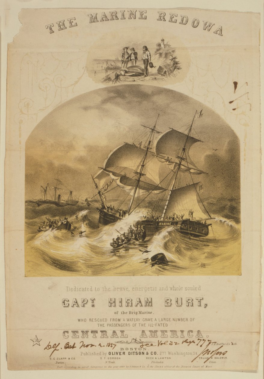 Briggen Marine reddede passagerer i redningsbåde fra damperen SS Central America, efter at den blev fanget i en orkan ud for Carolinas i september 1857. Over 550 druknede og 30.000 pund (14.000 kg) californisk guld gik tabt. af American School