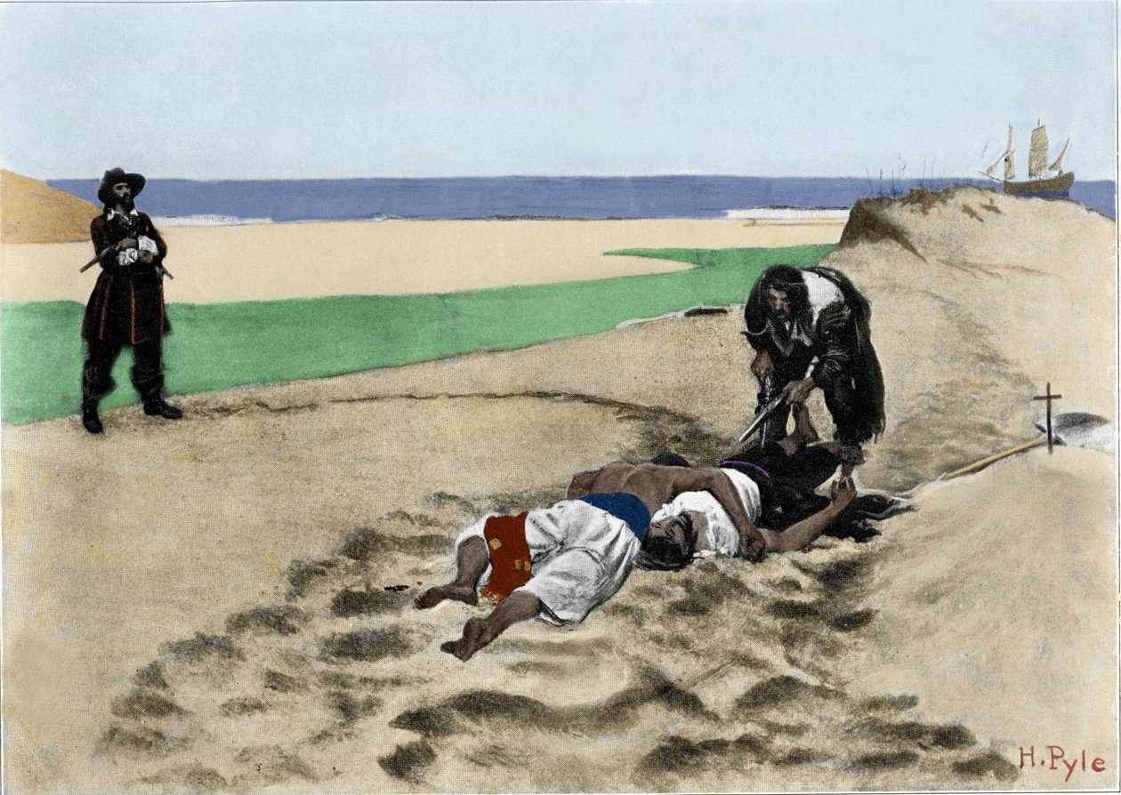 De døde taler ikke: illustration om pirater fra "Book of pirates Buccaneers and Marooners of the Spanish Main" af Howard Pyle (1853 - 1911), amerikansk illustrator. 1887. af American School