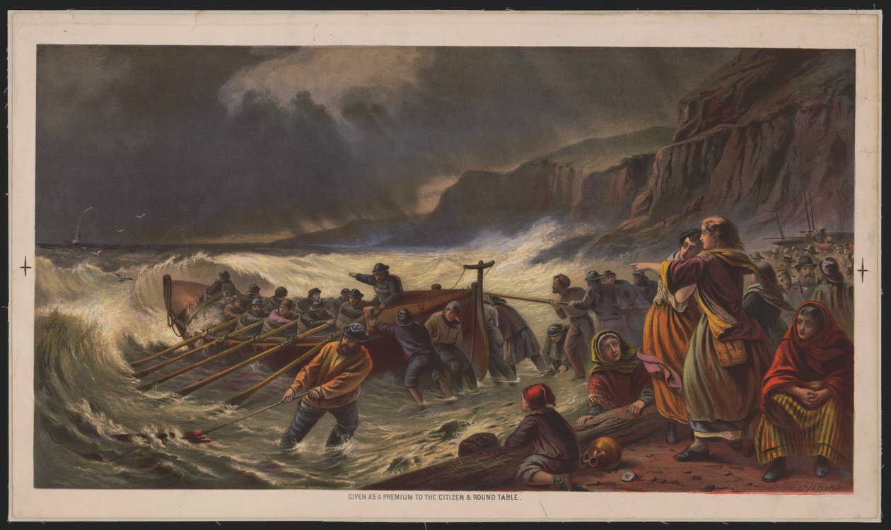 Afgangen, lancering af livsbåden, c.1878 (kromolitograf) af American School