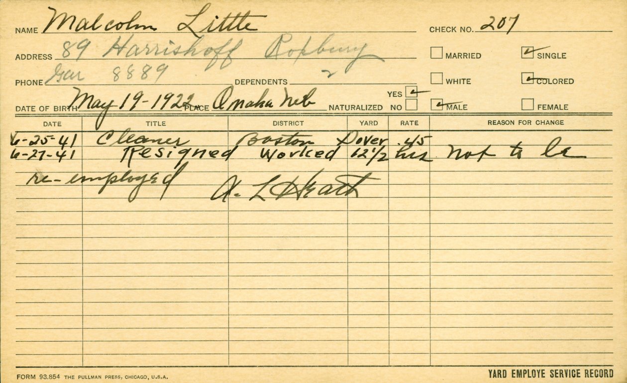 Malcolm Xs (1925-65) ansættelsesrekord for medarbejdere af American School