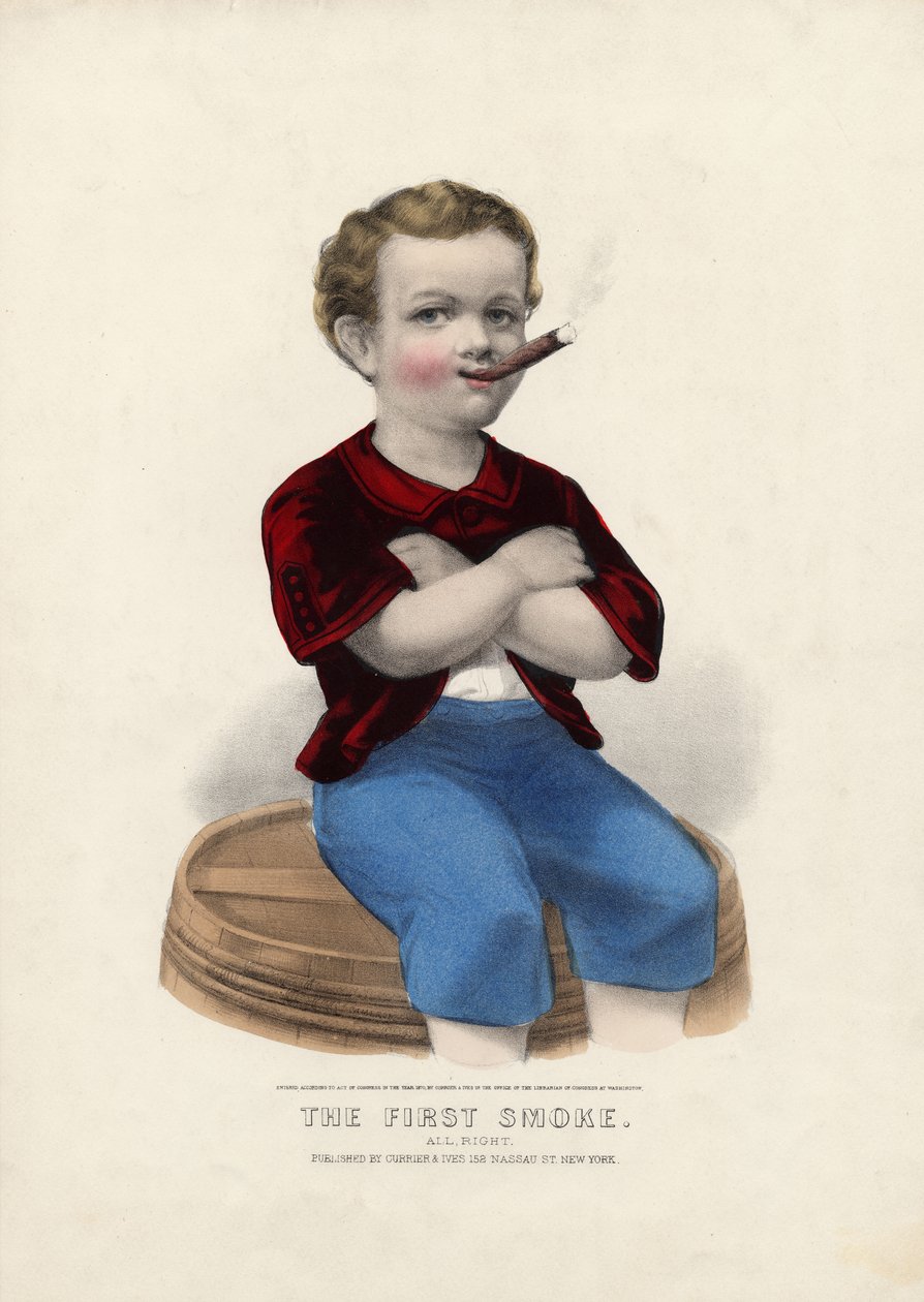Den første røg: Okay, pub. af Currier & Ives, 1870 af American School