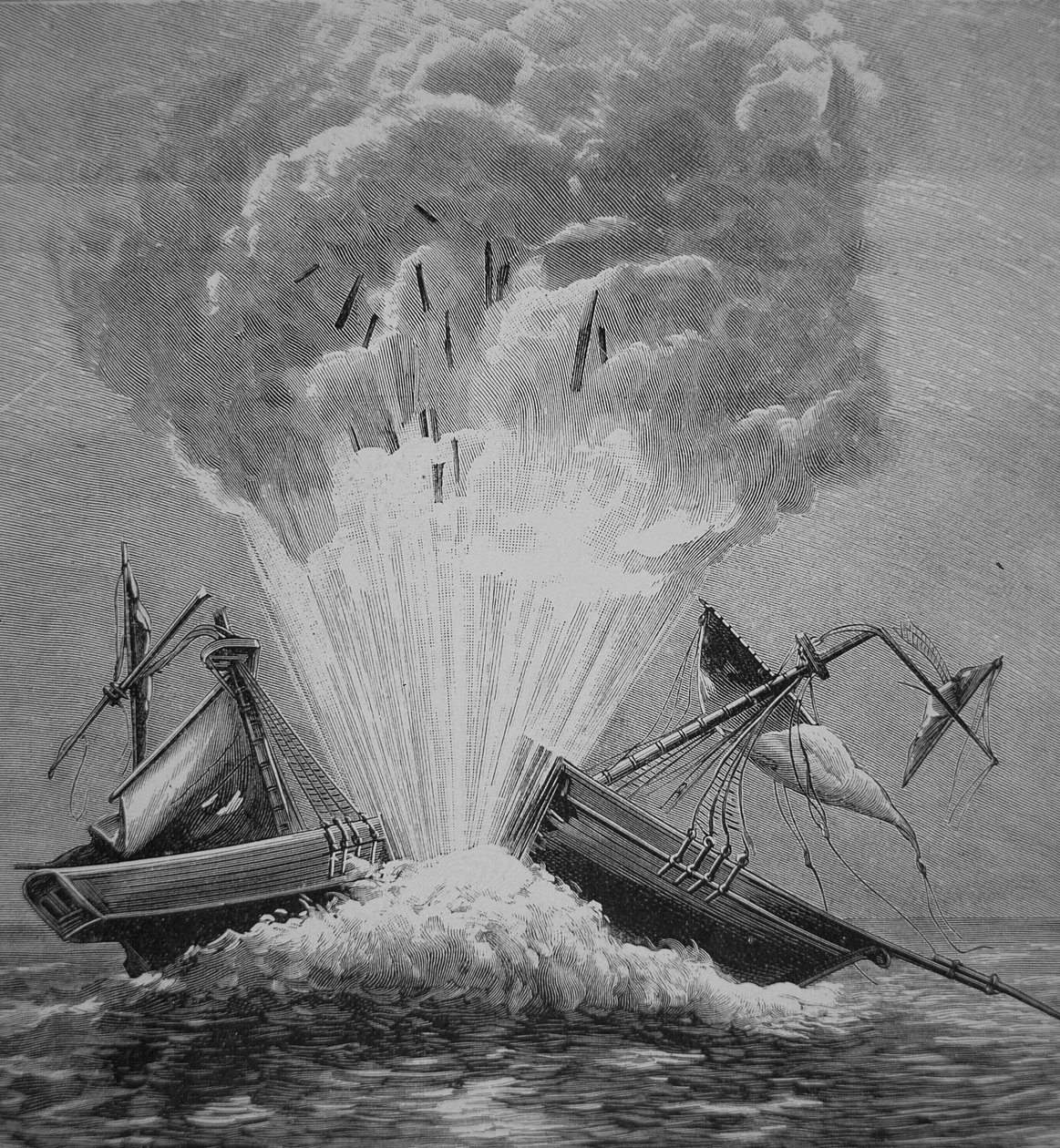 Den første torpedo, opfundet af Robert Fulton (1765-1815) sprænger den danske brig 