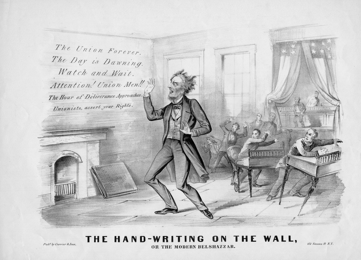 Håndskriften på væggen, eller Den moderne Belshazzar, udgivet af Currier & Ives, New York, ca. 1864 af American School